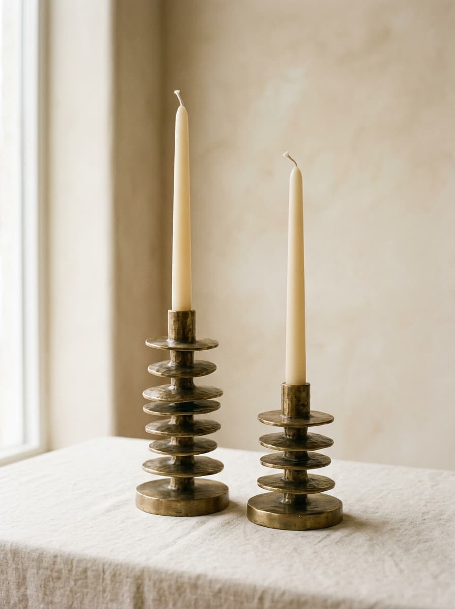 Stacked-disc brass candle holders with ivory taper candles