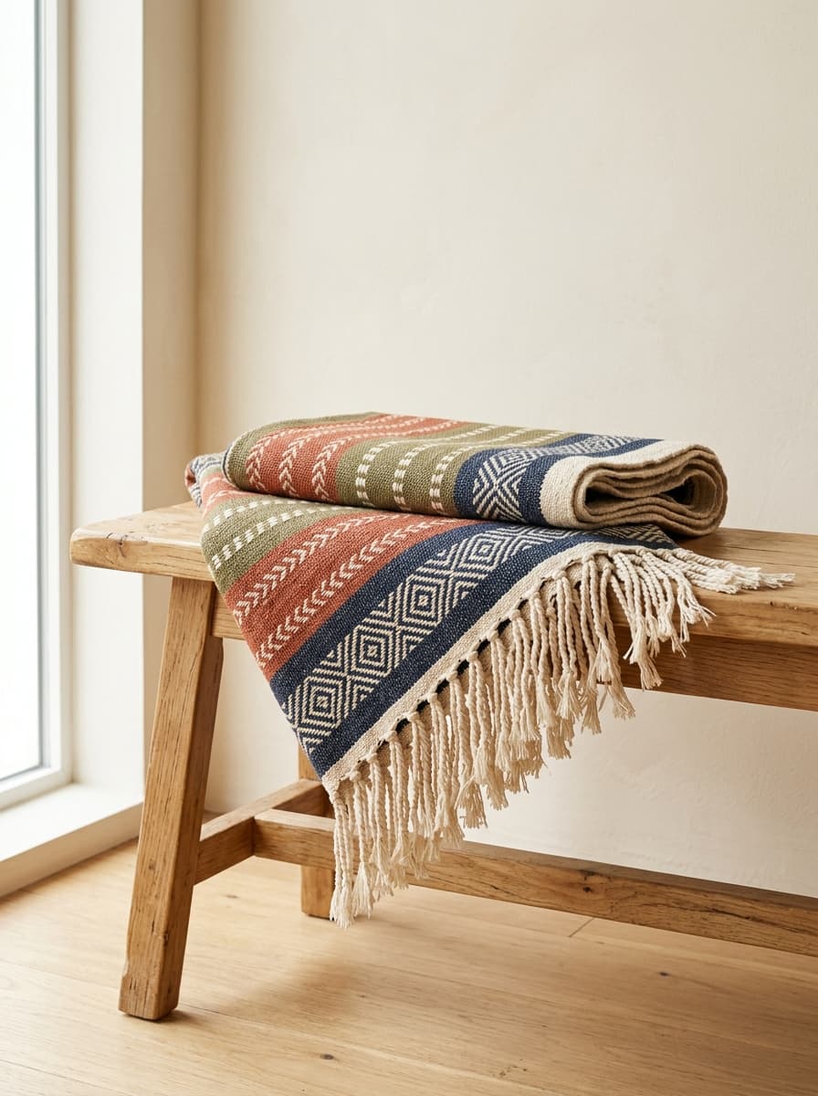 Handwoven strip-woven cotton throw draped over bench